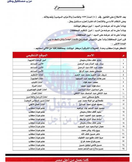 تعيين التشكيلات التنظيمية لهيئة مكتب مركز ابوتشت قنا