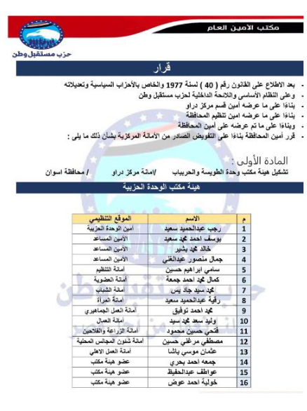 تعيين التشكيلات التنظيمية لهيئة مكتب مركز دراو اسوان