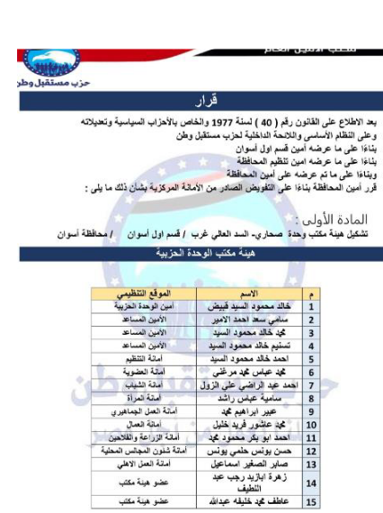 تعيين التشكيلات التنظيمية لهيئة مكتب مركز قسم اول اسوان
