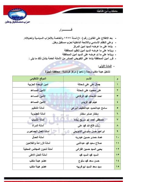 تعيين التشكيلات التنظيمية لهيئة مكتب مركز كرداسه الجيزة