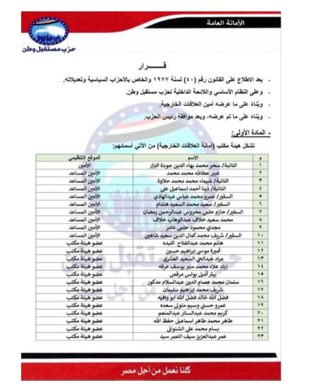 امانة العلاقات الخارجية.